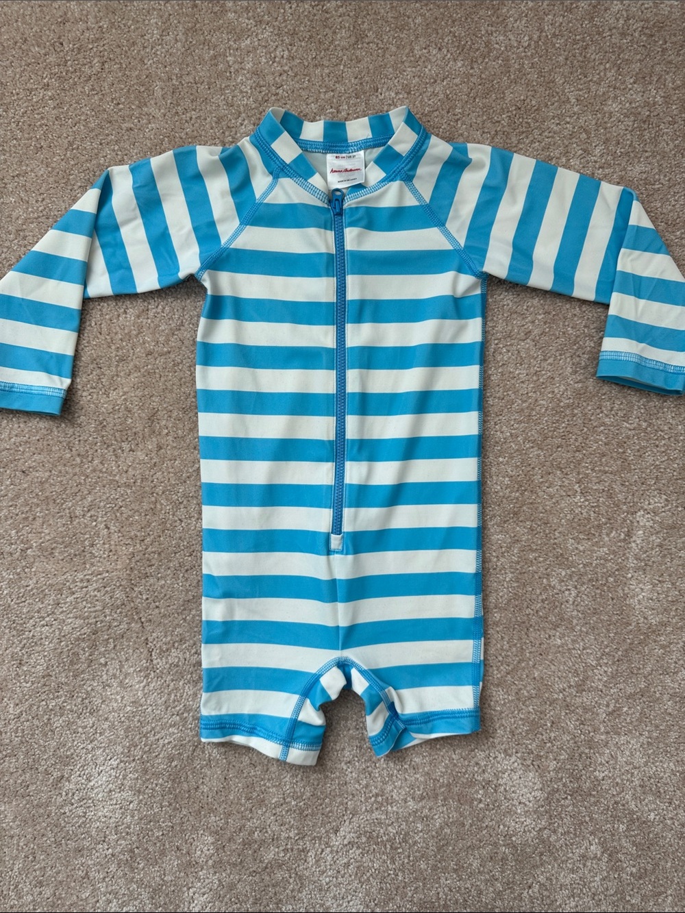 Hanna Andersson Blue & White Stripe Kids Zip-Front Rashguard One-Piece 2T